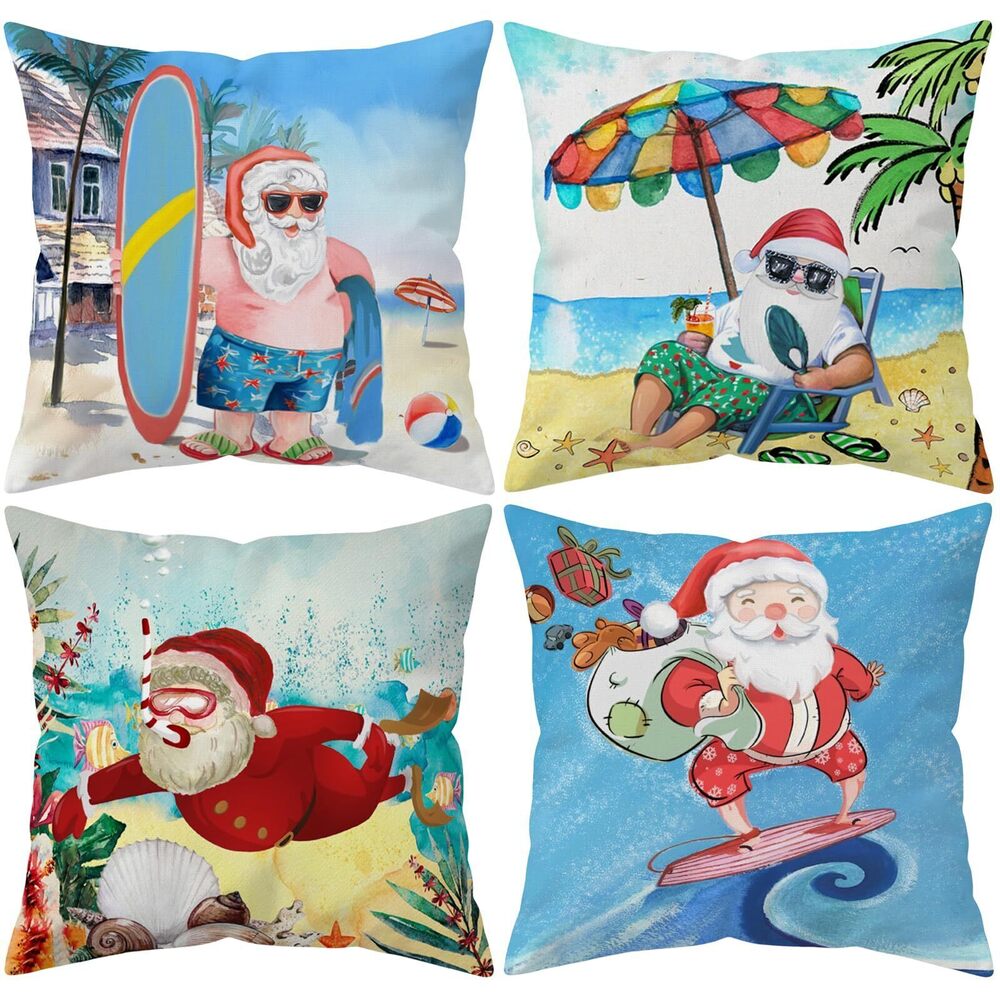 8734 Beach Christmas Pillow Covers 16x16 Inch Set of 4 Double-Sided Print